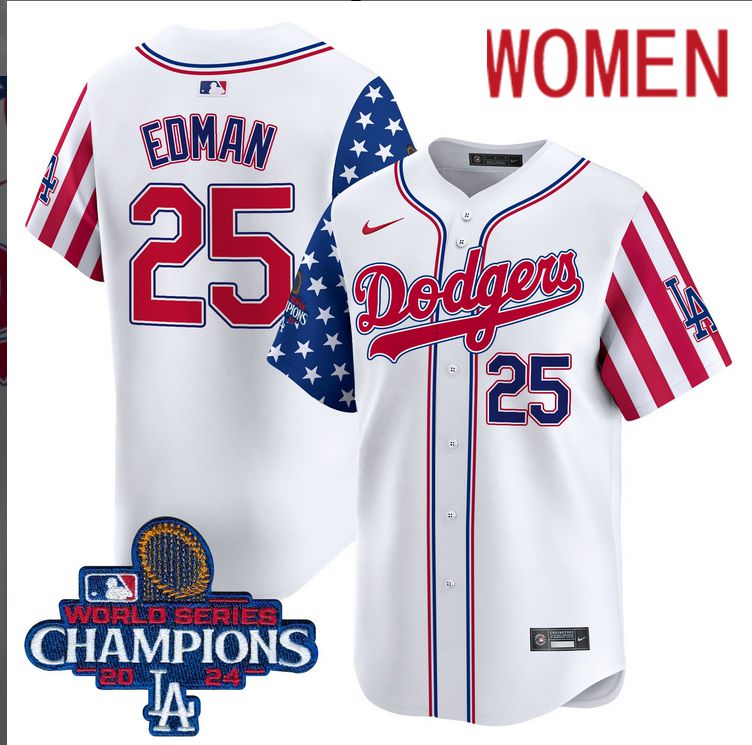 Women MLB Los Angeles Dodgers 25 Edman American Style white 2024 World Series Champions Limited Jersey